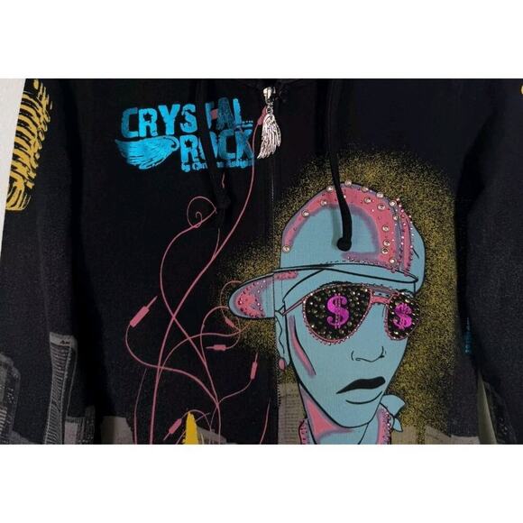 Crystal Rock Jacket XS Y2K Hip Hop Rhinestone Hoodie Christian Audigier A117 - Picture 3 of 8